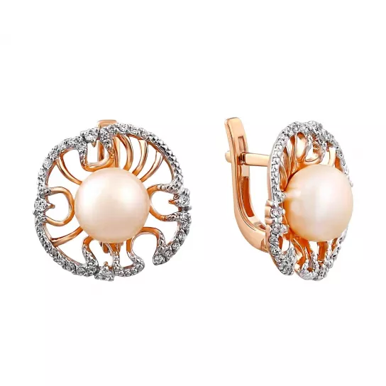 Золотые серьги 585, женские, с жемчугом и фианитом