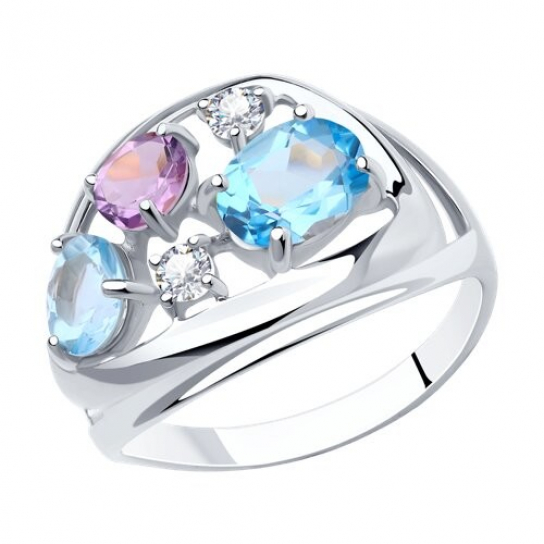 Серебряное кольцо 925, женское, с аметистом и топазом, размер 18