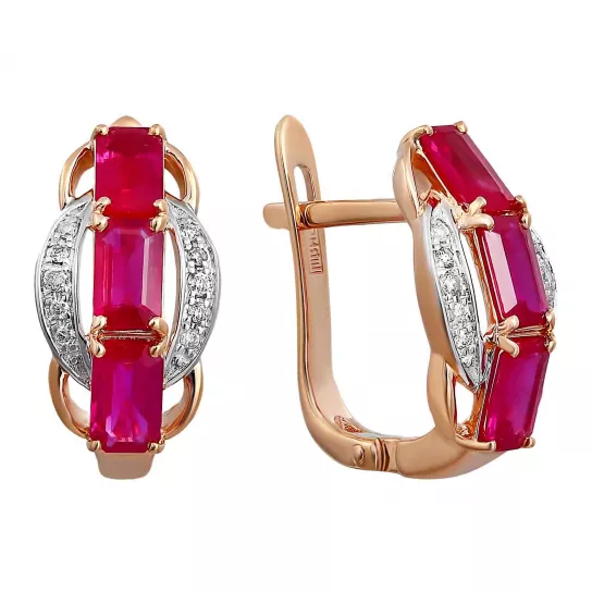 Золотые серьги 585, женские, с бриллиантом и рубином