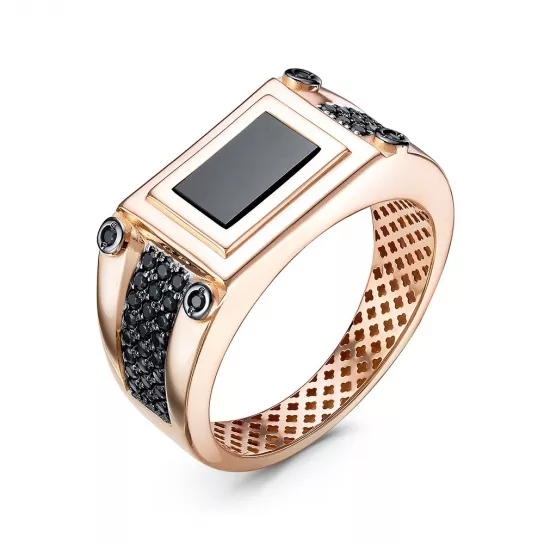 Кольцо-печатка с фианитом и ониксом из золота