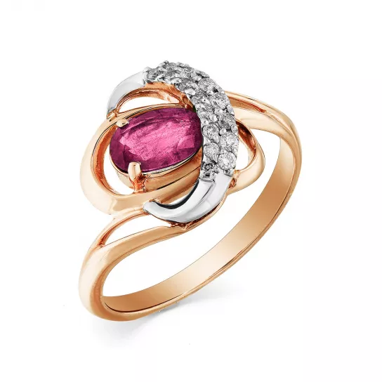 Золотое кольцо 585, женское, с бриллиантом и рубином, размер 18.5