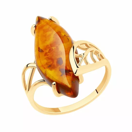 Золотое кольцо 585, женское, с янтарем, размер 19.5