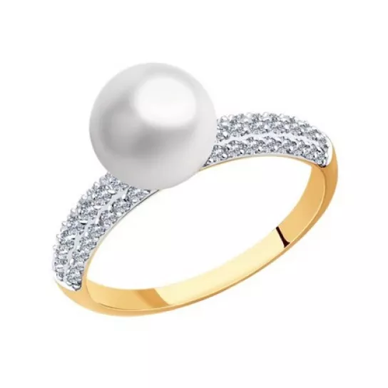 Золотое кольцо 585, женское, с жемчугом и фианитом, размер 18