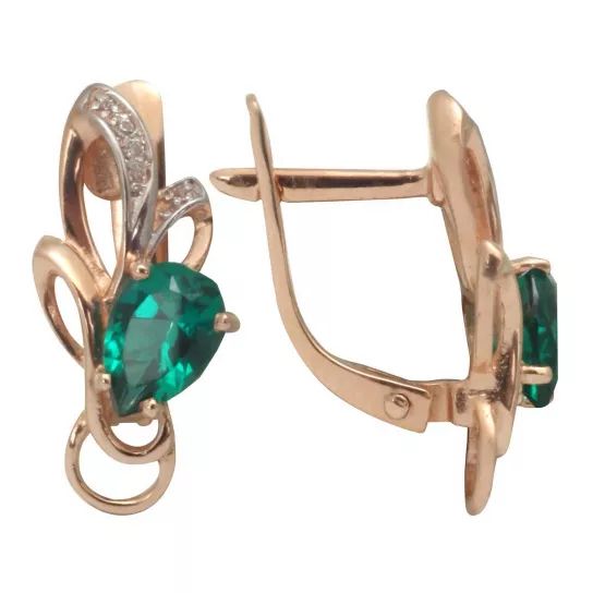 Золотые серьги 585, женские, с изумрудом и фианитом