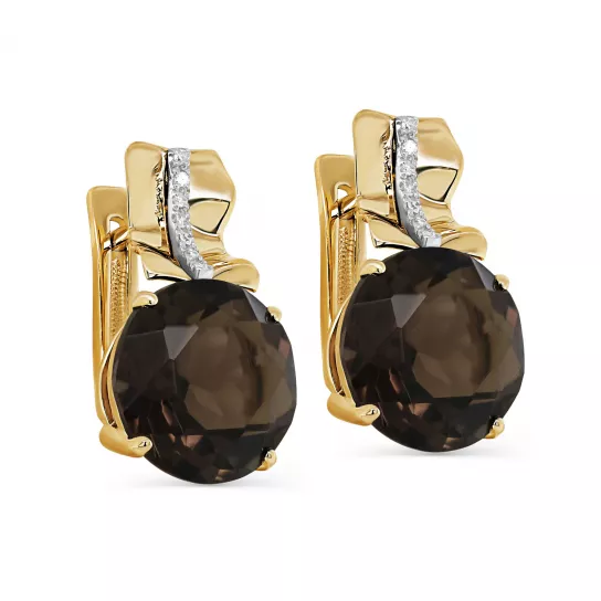 Золотые серьги 585, женские, с бриллиантом и раухтопазом