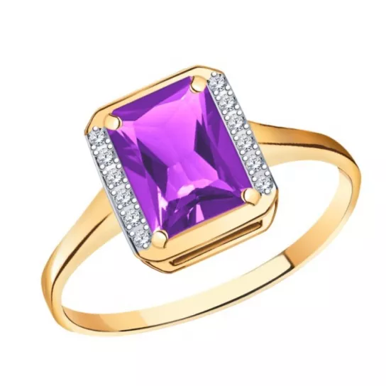 Золотое кольцо 585, женское, с фианитом и аметистом, размер 19