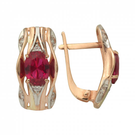 Золотые серьги 585, женские, с корундом и фианитом
