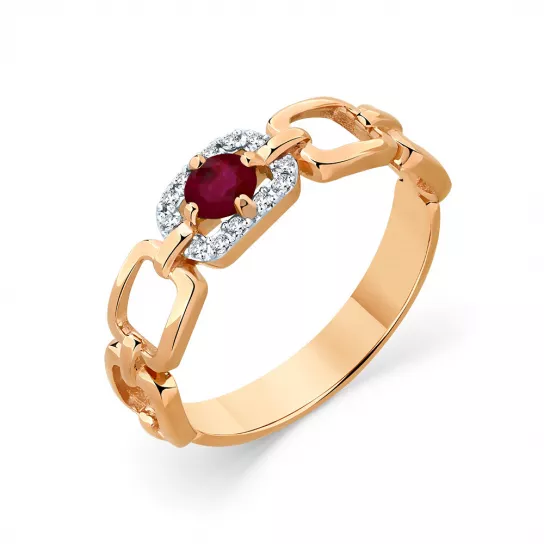 Золотое кольцо 585, женское, с рубином и бриллиантом, размер 18