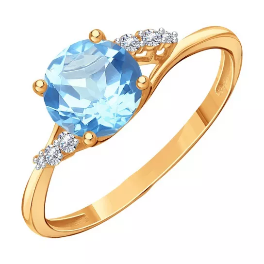 Золотое кольцо 585, женское, с топазом и фианитом, размер 17.5