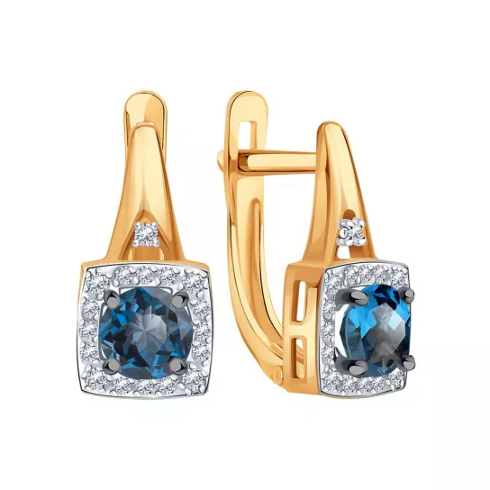 Золотые серьги 585, женские, с топазом и фианитом
