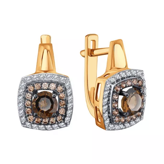 Золотые серьги 585, женские, с раухтопазом и фианитом