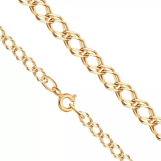 Золотая цепочка 585 на шею, плетение двойной ромб пустотелый, длина 60 см, цвет красное золото