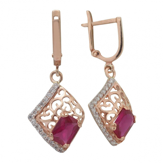 Золотые серьги 585, женские, с корундом и фианитом