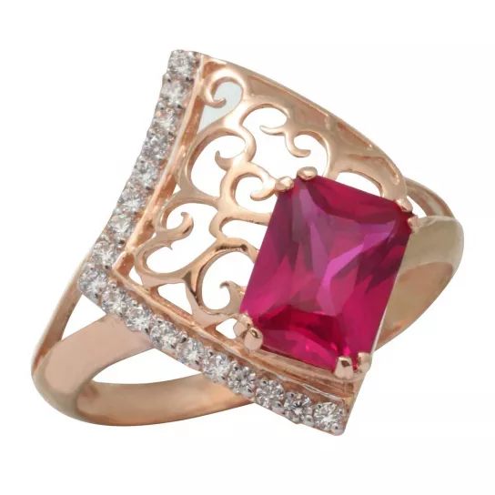 Золотое кольцо 585, женское, с фианитом и корундом, размер 19.5