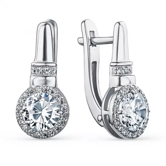 Серебряные серьги 925, женские, с фианитом и ювелирным кристаллом