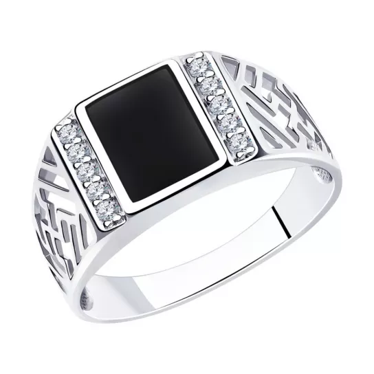 Кольцо-печатка с фианитом и эмалью из серебра