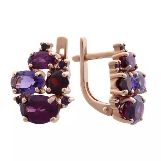 Золотые серьги 585, женские, с аметистом и гранатом