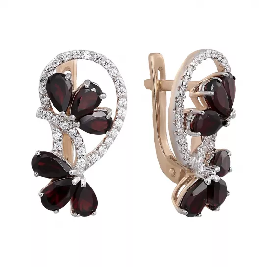 Золотые серьги 585, женские, с гранатом и фианитом