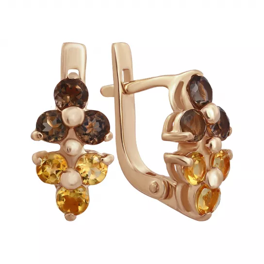 Золотые серьги 585, женские, с раухтопазом и цитрином